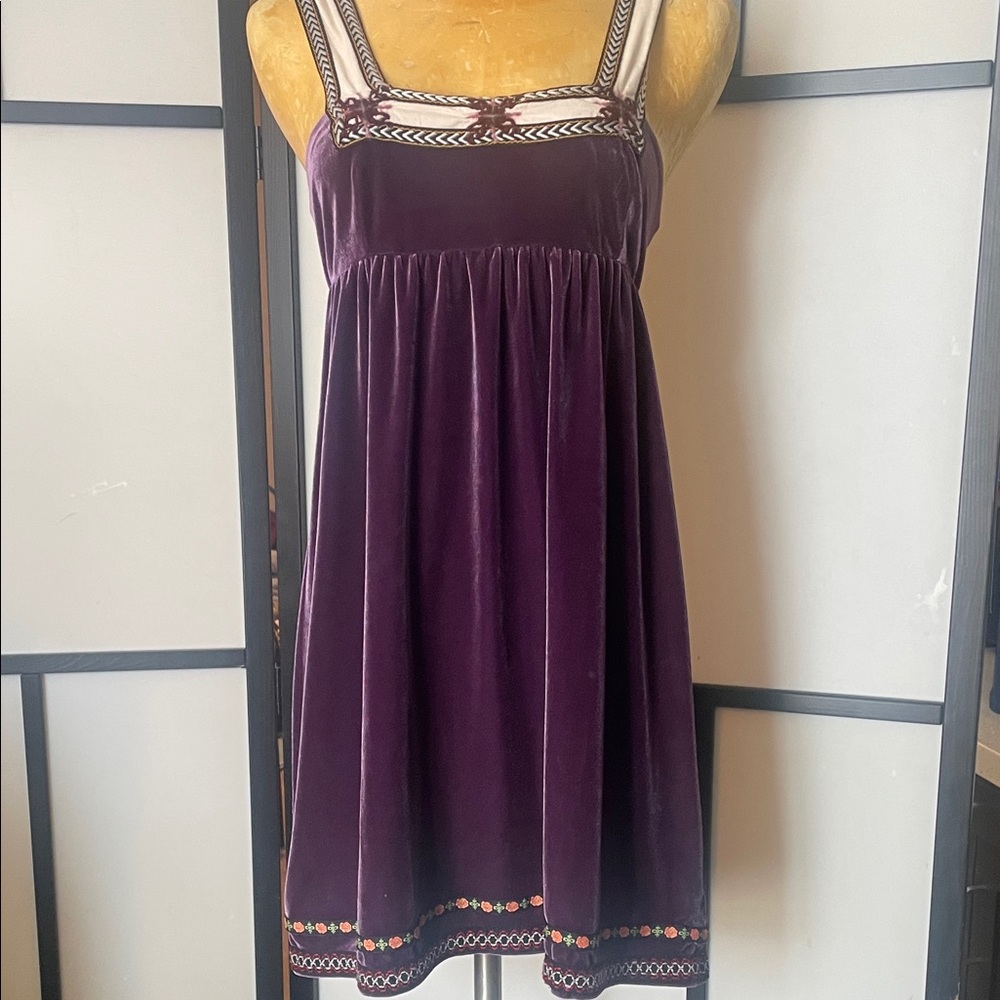 Free People Plum Velvet Mini Dress with Embroidered Trim